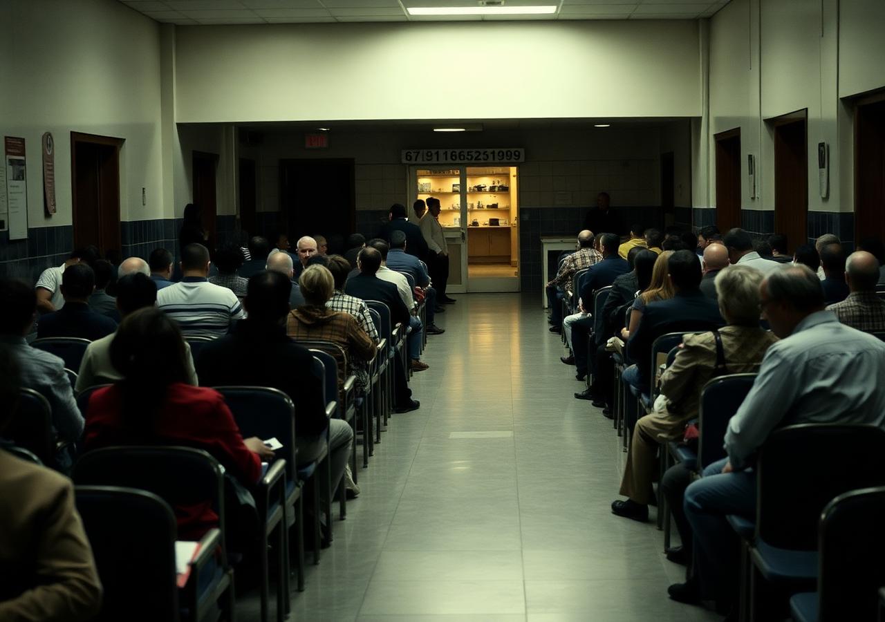 A crowded government service hall with people waiting in rows of chairs